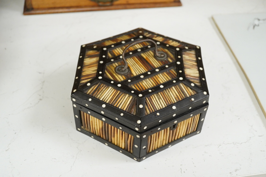A late 19th century Ceylonese hexagonal quill box with bone inlay, 21cm wide